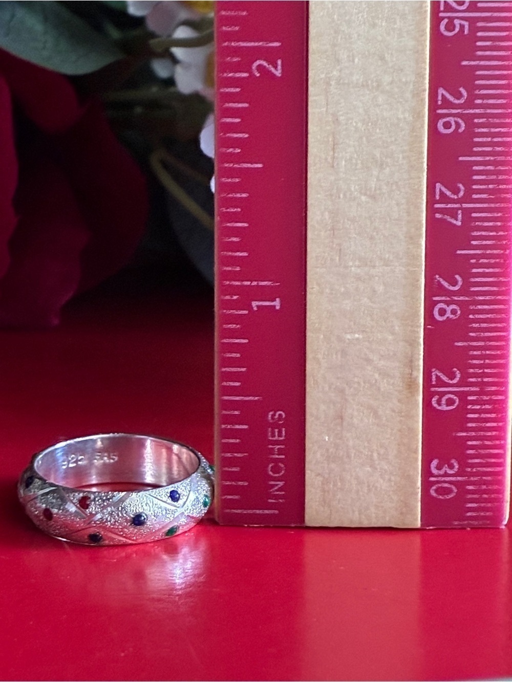 925 Silver Textured Band Ring with Blue and Green Stone Accents - Picture 2 of 9